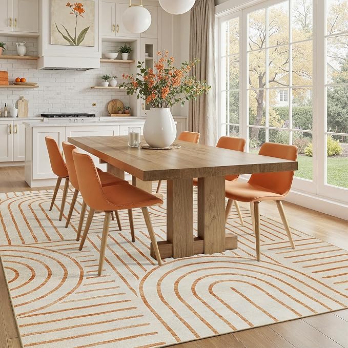 DCX Beige Machine Washable 8x10 Area Rugs, Midcentury Modern Non Slip Stain Resistant Rug 8x10 for Living Room, Playroom, Dining Room, Soft Low Pile Large Carpet