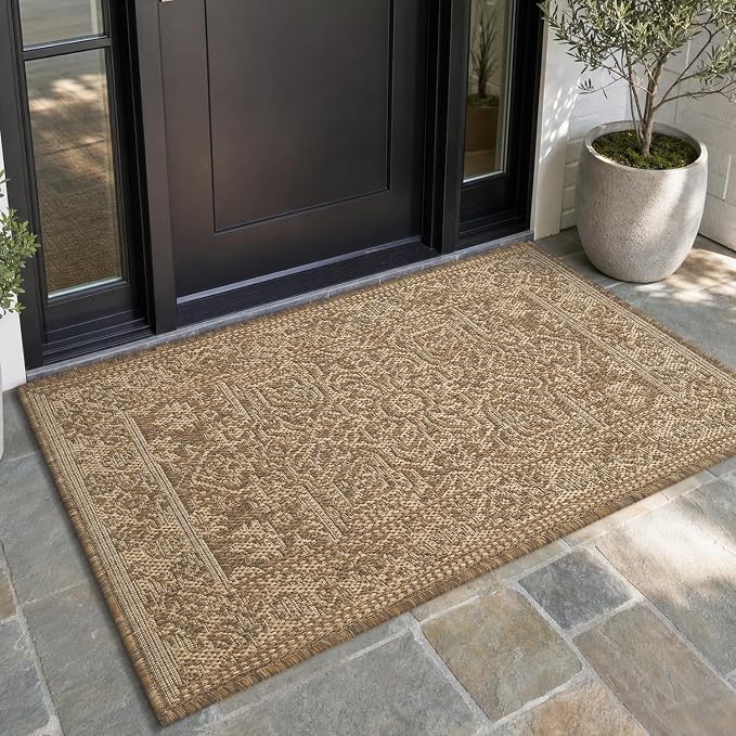 MontVoo-2x3 Outdoor Rug Porch Entryway Rug-Polypropylene Door Mat Indoor Outdoor Entrance Entry Rugs Kitchen Rugs, Textured Weave, Durable, Fade-Resistant, Non-Shedding, Vintage Neutral Brown