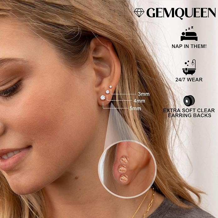 GEMQUEEN 3/4 Pairs Moissanite Earrings Studs 14K Gold Plated S925 Sterling Silver Flat Back Earring for Women Men - Hypoallergenic Set Cartilage Helix Piercing Jewelry Trendy D Color VVS1