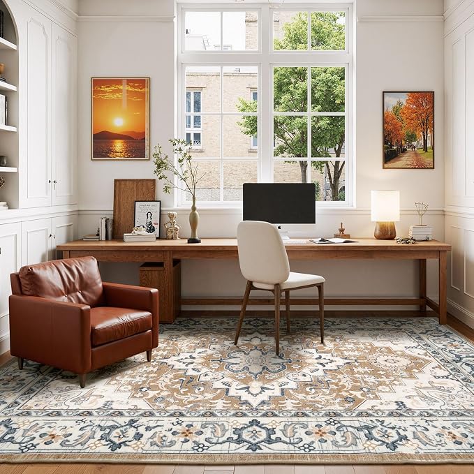 Lessymo Washable Area Rugs 6 x 9, Boho Area Rug Low Pile for Bedroom Living Room Kitchen, Ultra-Soft Faux Wool Vintage Area Rug with Non-Slip Rubber, Kid & Pet Friendly, Brown Beige