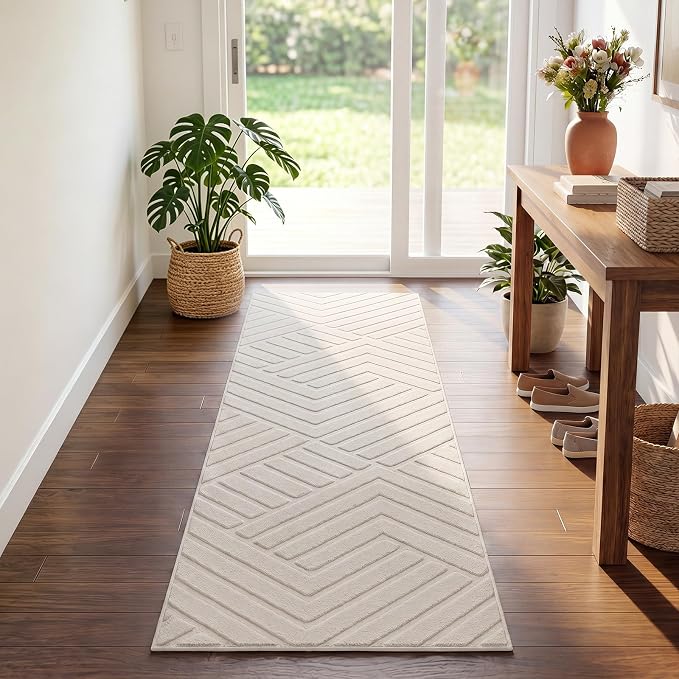 Bsmathom 2x6 Washable Area Rug, Boho Neutral Modern Soft Carpet Mat, Beige | Machine Washable, Low Pile Fluffy Plush, Non-slip, Geometric Textured, For Living Dining Kids Room Bedroom Indoor Dorm