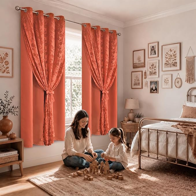 Yinhua Terracotta Curtains for Living Room Double Layer Curtain with Sheer Overlay Farmhouse Blackout Curtains for Bedroom 63 Inch Length, Grommet Drapes with Tiebacks, 2 Panels