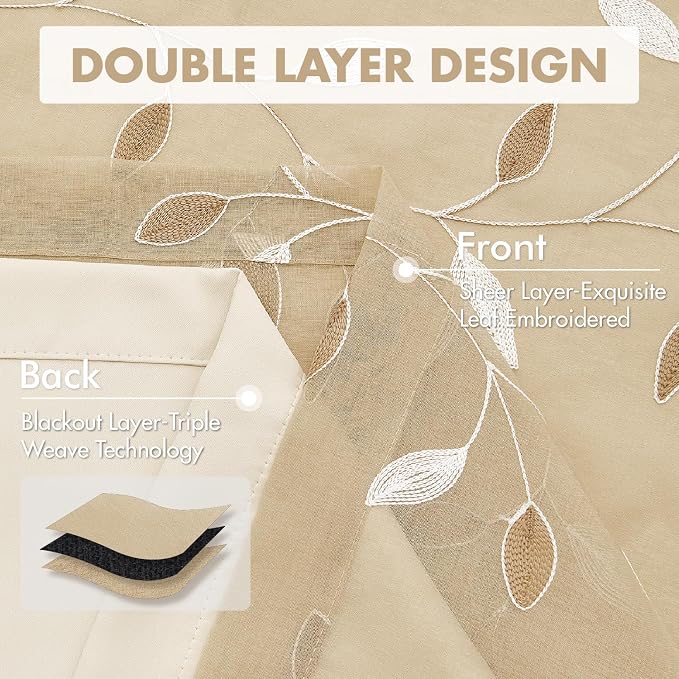 MIULEE Beige Double Layer Curtains 84 Inches Long, Leaf Patterned Sheer Floral Drapes and Blackout Room Darkening Window Curtains for Living Room Bedroom, Grommets Top, 52" W x 84" L, 2 Panels