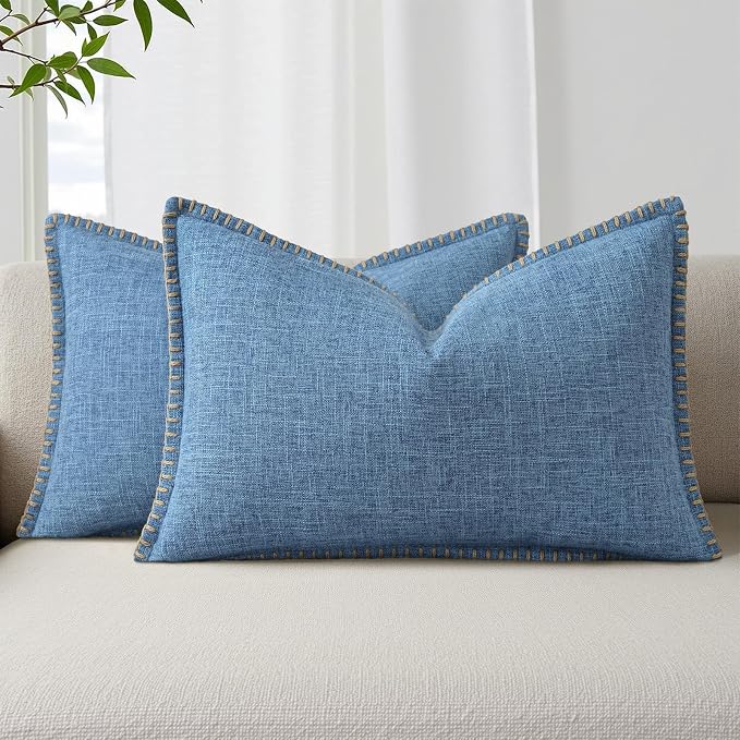 decorUhome Blue Faux Linen Outdoor Throw Pillow Covers 12x20 Set of 2 | Fall Decorative Textured Neutral Modern Farmhouse Pillow Covers with Stitched Edge for Couch Sofa Bed Living Room
