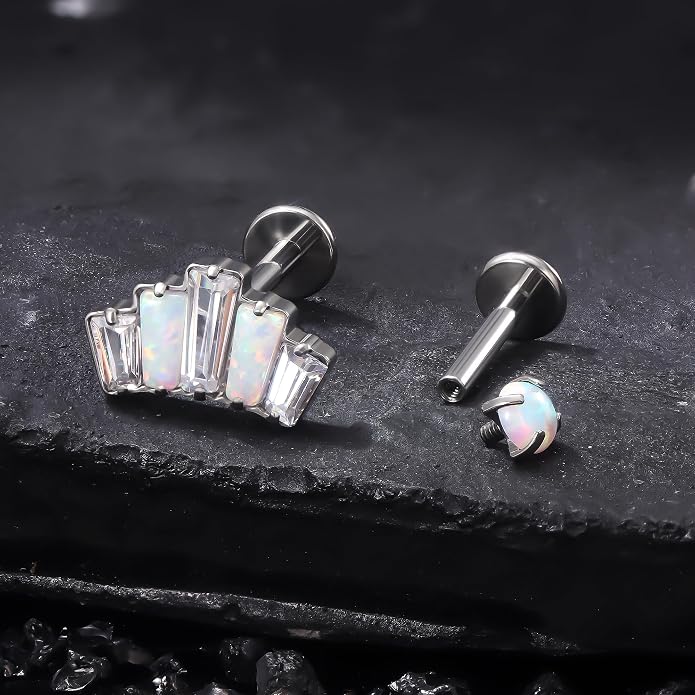 Ruifan Titanium Flat Back Lip Rings Internally Threaded Earrings Studs Nose Rings 16G Opal CZ Tragus Cartilage Lobe Rook Helix Conch Labret Medusa Piercing Jewelry for Women Men W Piercing Taper Set