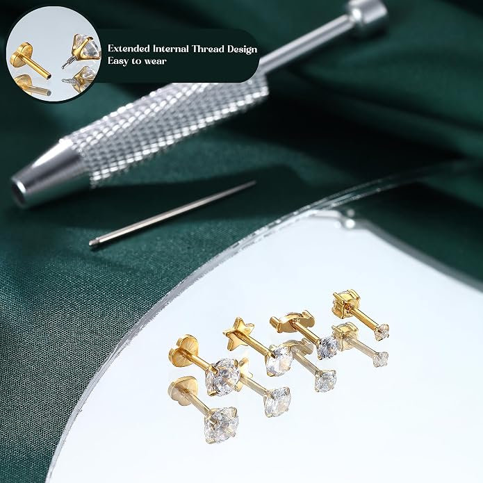 GEMQUEEN Reversible Flat Back Earrings Studs Hypoallergenic - 14K Gold Filled Surgical Steel Earring 18G Cartilage Helix Tragus Conch Piercing Jewelry Extended Internal Thread Earrings for Women Men