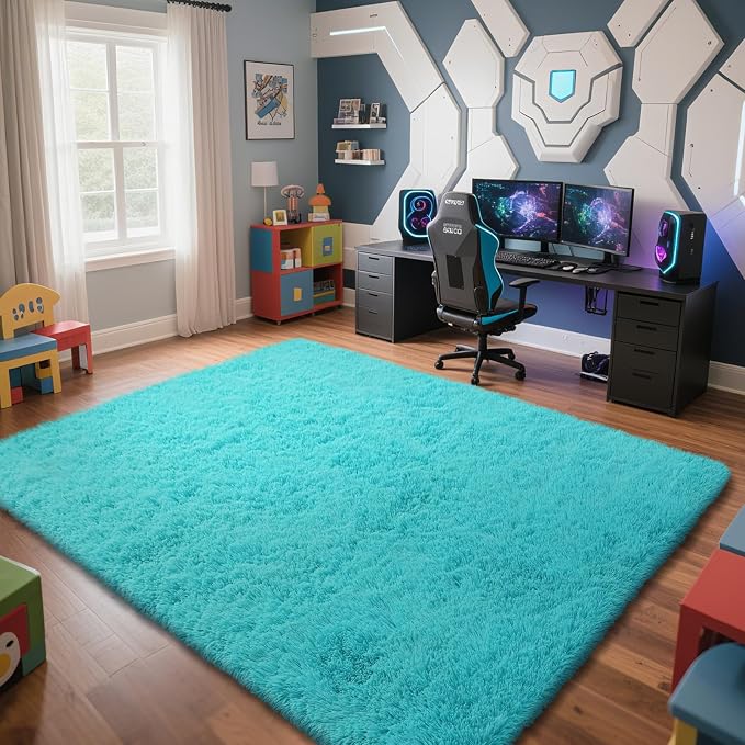 yongyangjuxin Teal Blue Rug Fluffy Rug, 9x12 Teal Area Rugs for Living Room, Soft Play Mat, Teal Rugs for Bedroom, Preppy Dorm, Plush Aesthetic