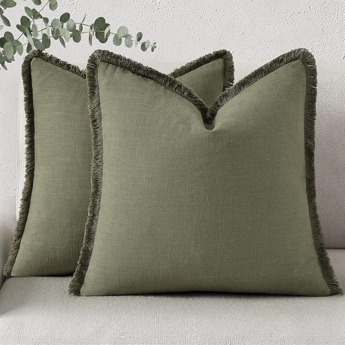 decorUhome Linen Fringe Olive Green Throw Pillow Covers 16x16 Set of 2 | Decorative Soft Accent Modern Boho Farmhouse Cushion Covers with Tassels Cotton Pillow Covers for Couch Bed Sofa