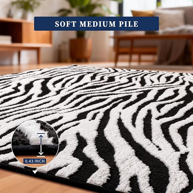 YIHOUSE 5×7 Ft Area Rugs, Black and White Modern Abstract Rug, Washable Plush Soft Zebra Print Carpet, Non-Slip Non-Shedding Rug for Living Room, Bedroom, Playroom, Home Office Decor