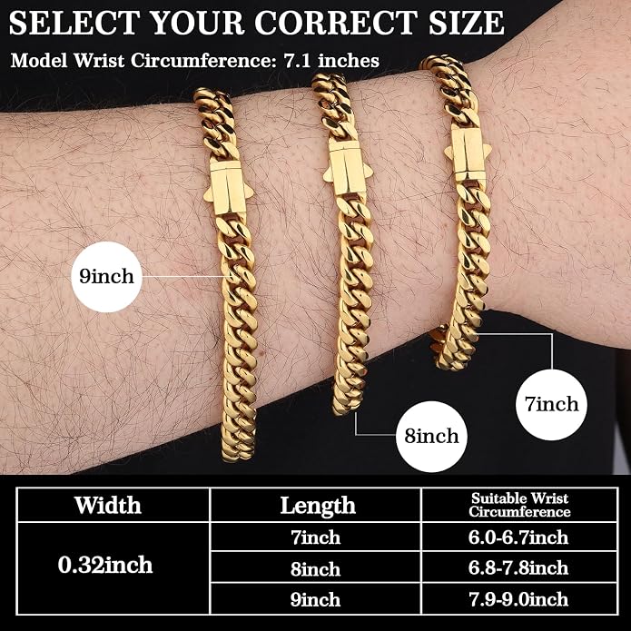 Saintda 8mm Miami Cuban Link Bracelet for Men - 18K Real Gold Plated 316L Stainless Steel Chain - Non-Tarnish Hypoallergenic Curb Link Bracelet Jewelry Gift for Him, 7/8/9 Inch