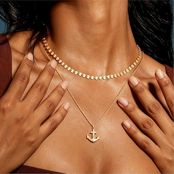 Dremmy Studios Dainty Gold Choker Necklace for Women 14K Gold Plated Coin Disc Figaro Layered Beaded Flat Mariner Sideways Cross Wishbone Link Clavicle Necklaces