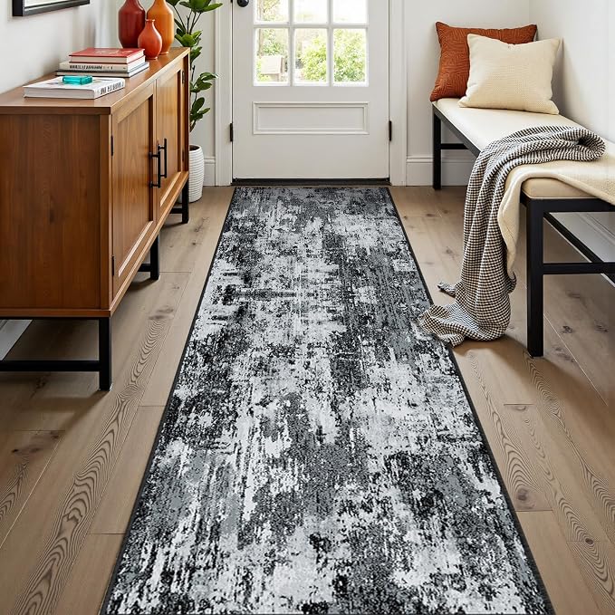 RELEANY Washable Area Rugs 2'x8' Non-Slip Modern Abstract Soft for Living Room Entryway Bedroom Kitchen, Print Pattern, Black Navy Blue Gray