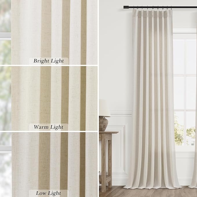 Vanilla Pinch Pleated Linen Curtains 84 Inches Long for Living Room Bedroom Pinch Pleat Drapes Rings Hooks Back Tab Light Filtering Boho Farmhouse Semi Sheer 84 Inch Curtain for Dining Room 40x84