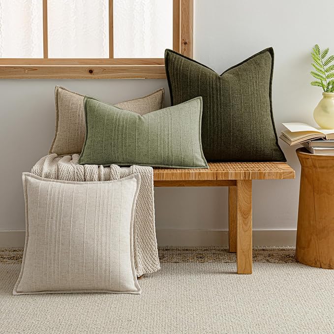 a moment Linen Pillow Covers Set of 2,Boho Farmhouse Throw Pillowcases Neutral Textured Decorative Covers for Couch Sofa,Linen Blend Accent Case Cushion Living Room Home Decor 24"x24"Seeding Green