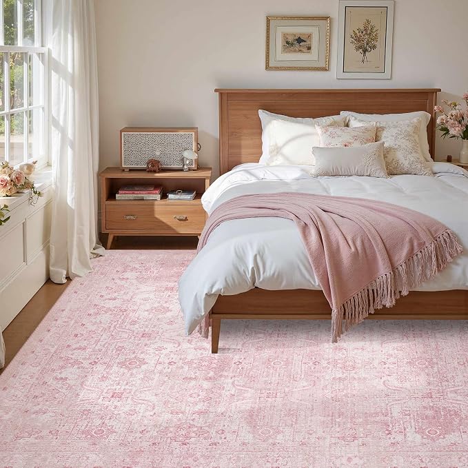 Rugxara Pink Rug 6x9 Area Rugs Washable Rug for Living Room Girls Bedroom | Non Slip, Rug for Dining Room Nursery Kids Room Dorm, Stain Resistant, Soft, Low Pile, Vintage Floral Carpet, Home Decor