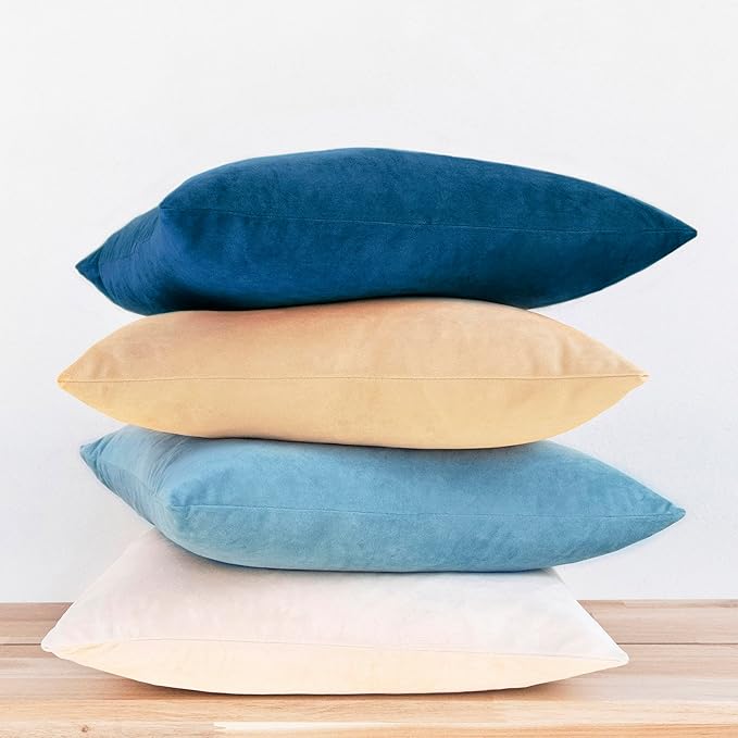 MONDAY MOOSE Decorative Throw Pillow Covers Cushion Cases, Set of 4 Soft Velvet Modern Designs, Mix and Match for Home Decor, Pillow Inserts Not Included (20x20 inch, Blue/Beige)