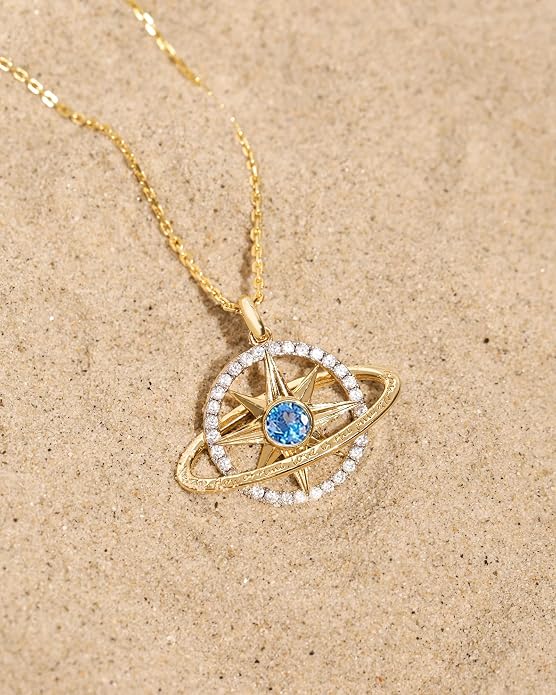 FANCIME Stellar Promise Birthstone Necklace for Women White Gold Plated Sterling Silver Planet Star Pendant Fine Jewelry Anniversary Birthday Mothers Day Gifts for Women Wife Friend Her