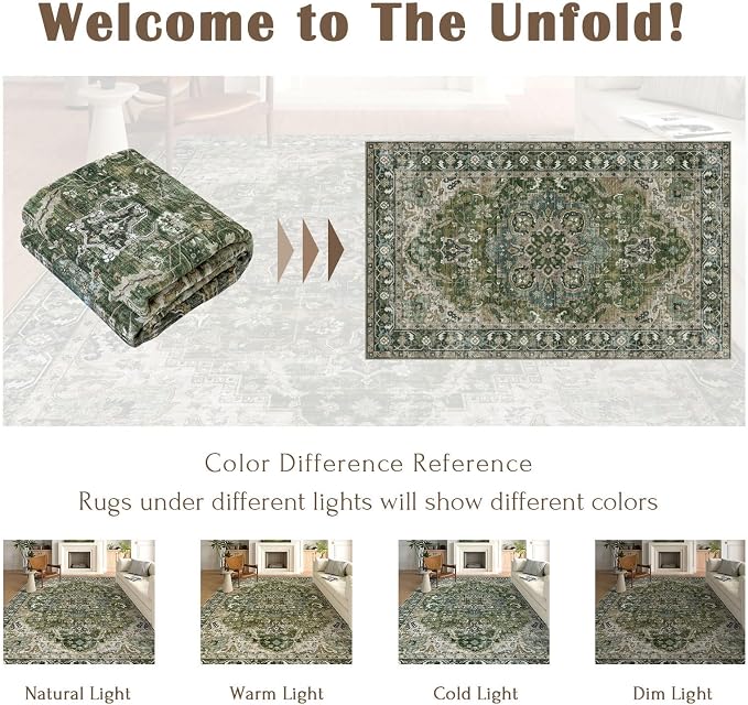 LUXRUG 3x5 Washable Area Rug - Small Entryway Rug Non-Slip Moss Green Vintage Oriental Kitchen Rugs Low Pile Boho Carpet Throw Rugs for Living Room Bedroom Bathroom Entrance Dorm Office Home Decor