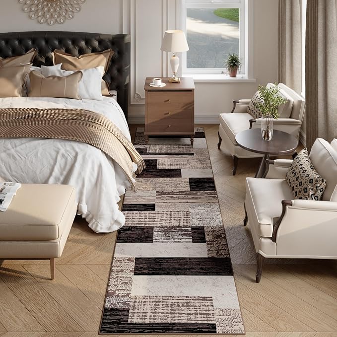 FlyDOIT Modern Geometric Patchwork Area Rug, 2.7x8 Chocolate Runner Rugs for Living Room, Rockwood Collection Indoor Rugs for Bedroom, Throw Carpet Floor Decor for Entryway Dining Room Office Nursery
