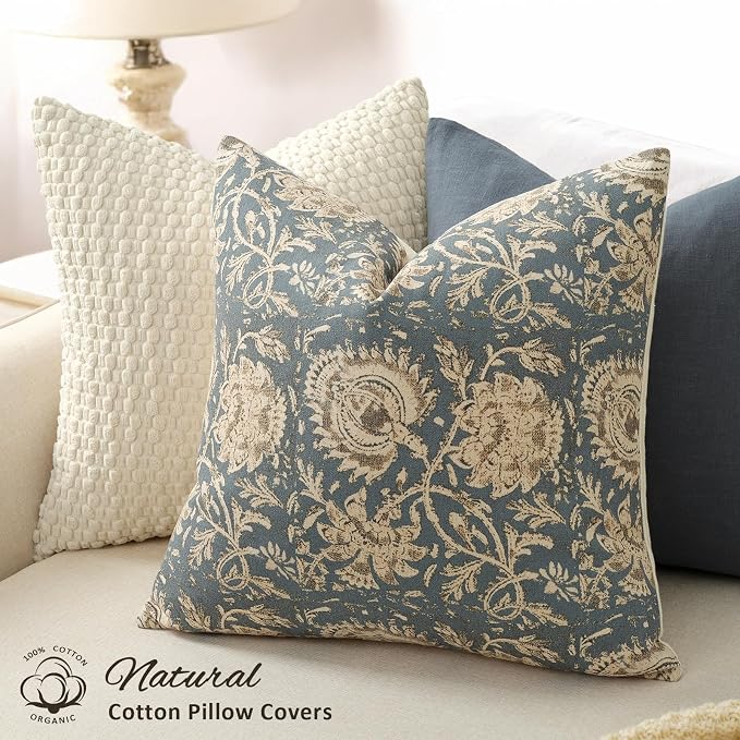 Vintage Floral Print Throw Pillow Covers 16x16 Set of 2 Neutral Modern Farmhouse Accent Decorative Cushion Covers Boho Home Decor for Couch Sofa Chair Bed Living Room, Dusty Blue