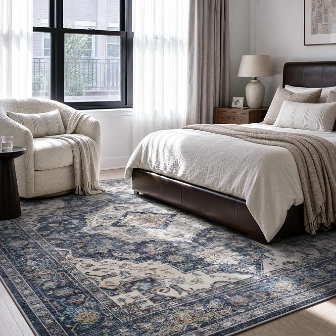 AMOAMI-Area Rug 5X7 Rugs for Living Room-Vintage Soft Blue Rugs for Bedroom-Non Slip Carpet-Machine Washable Rug for Dining Room Living Room Bedroom Office Under Table