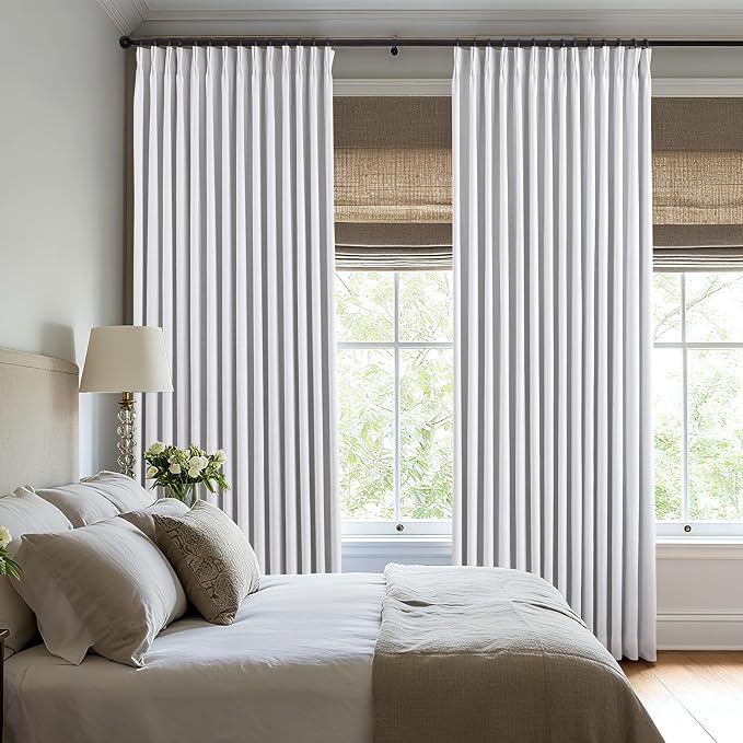 Pinch Pleated Curtains 100% Blackout Linen Curtains 95 Inches Long for Bedroom Living Room, White Memory Trained Thermal Insulated Room Darkening Window Pleat Drapes with Hooks, 2 Panels, 40"Wx95"L