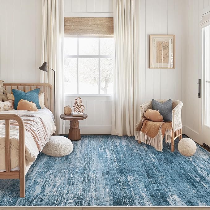 Washable Rug 6x9 Area Rugs for Living Room: Neutral Soft Rug Abstract Non Slip Low Pile Modern Carpet for Bedroom Kitchen Nursery Office Dining Room Indoor (Darkblue, 6'x9')