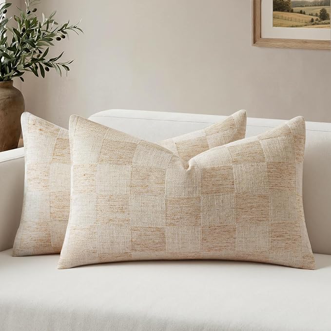 a moment Set of 2 Decorative Linen Throw Pillow Covers,Large Grid Textured Neutral Boho Farmhouse Cushion Covers,Soft Aesthetic Pillowcases for Couch Sofa Living Room Home Decor,20x12 Inch,Natural