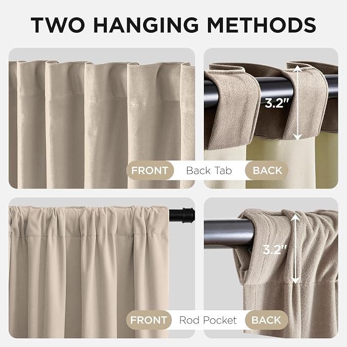 Joydeco 100% Blackout Velvet Curtains Light Beige 102 Inch Back Tab | Luxury Thermal Insulated Velvet Curtains for Bedroom Living Room, Soundproof Blackout Window Drapes
