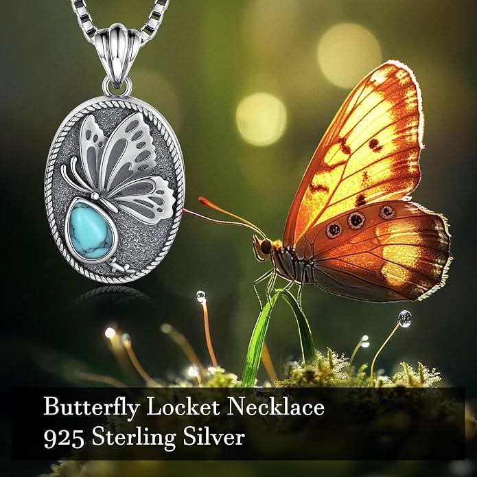 925 Sterling Silver Oval Turquoise Lockets Pendant that Holds Pictures Vintage Jewelry Memorial Gifts for Women