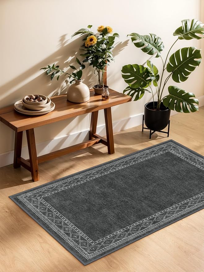 Lahome Modern Bordered 2x3 Rugs for Entryway Bedroom, Gray Kitchen Rugs Non Slip Washable Ultra-Thin Indoor Door Mat for Entry, Soft Stain Resistant Throw Carpet for Laundry(2x3ft,Gray)