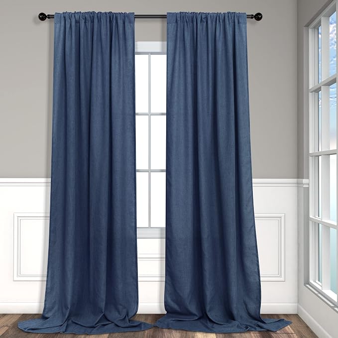 Navy Curtains 96 Inches Long for Kids Room 2 Panel Back Tab Pocket Drape Soft Cotton Textured Light Filtering Semi Privacy Sheer Dark Blue Linen Curtains for Living Room Boys Bedroom 52x96 Inch Length