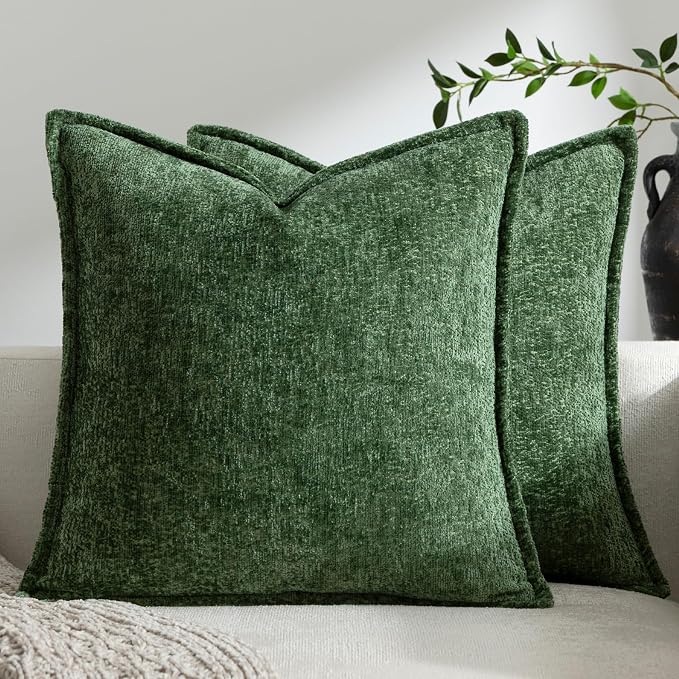 DEZENE Pack of 2 Forest Green Christmas Euro Shams Pillow Covers 26x26 Cozy Soft Chenille Decorative Throw Pillow Covers Accent Vintage Square Couch Pillow Covers for Home Decor Bed Sofa Living Room