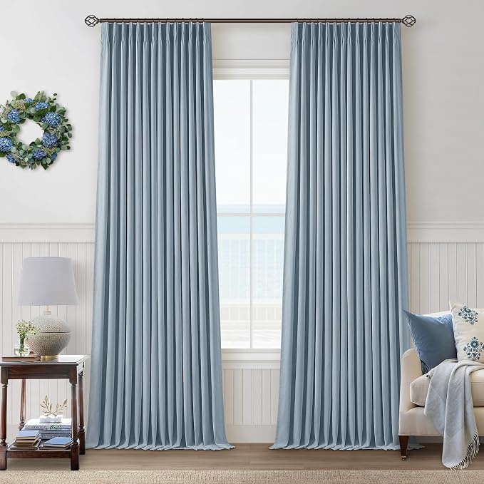 Dusty Blue Linen Black Out 120 Inch Curtains for Living Room 2 Panels Set | Pinch Pleated Back Tab Drapes, Two Layer Design, Thermal Insulated Full Blackout Curtains, for Bedroom High Ceiling, W40xL120