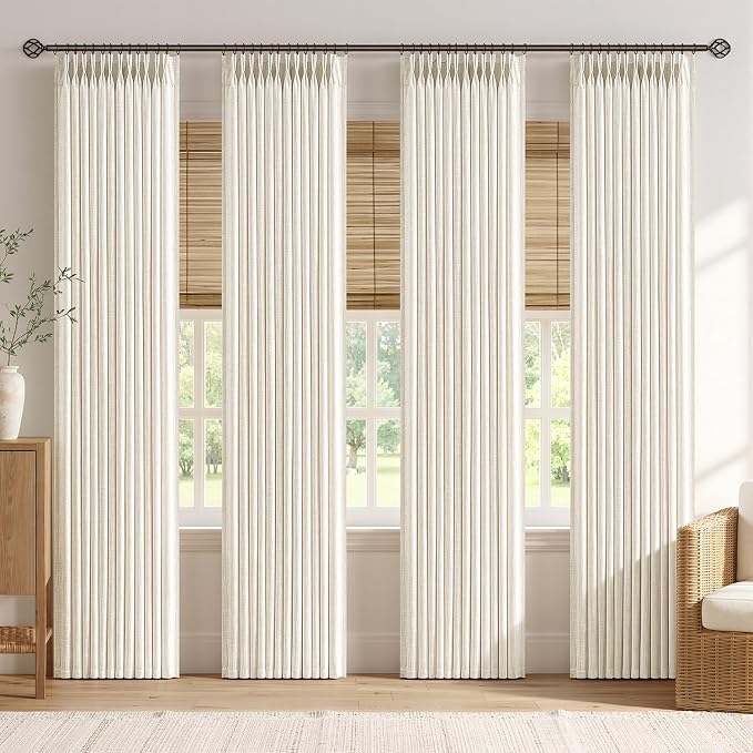 MIULEE 4 Panels Set Pinch Pleated Linen Curtains 90 Inches Long for Living Room Bedroom, Thick Linen Memory Trained Pleat Drapes Back Tab Light Filtering Beige White Window Curtains with Hooks