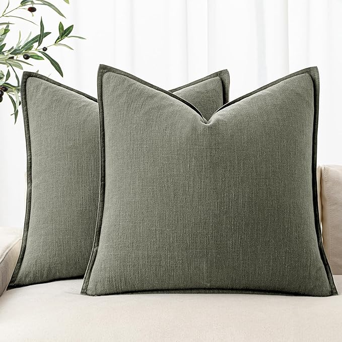 MIULEE Decorative Linen Pillow Covers 20x20 Inch Olive Green | Boho Farmhouse Neutral Couch Throw Pillows for Bed, Pack of 2 Accent Modern Pillowcases, Sofa Livingroom Home Decor