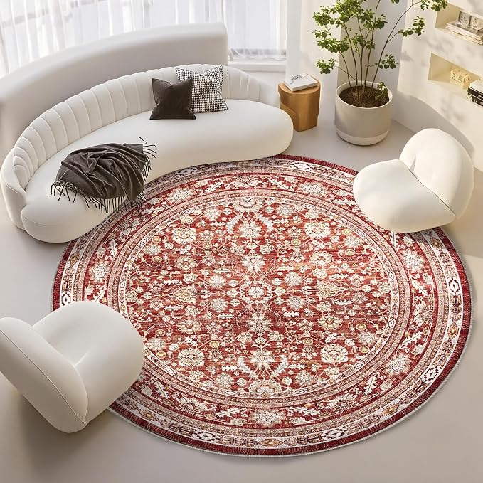 OPPODREAM Vintage Red Round Rug 8ft, 8 ft Retro Washable Circle Rug Non Slip, Low-Pile Faux Wool Circular Carpet, Distressed Floor Mat for Living Room, Bedroom, Office, Dorm, Dinning Room