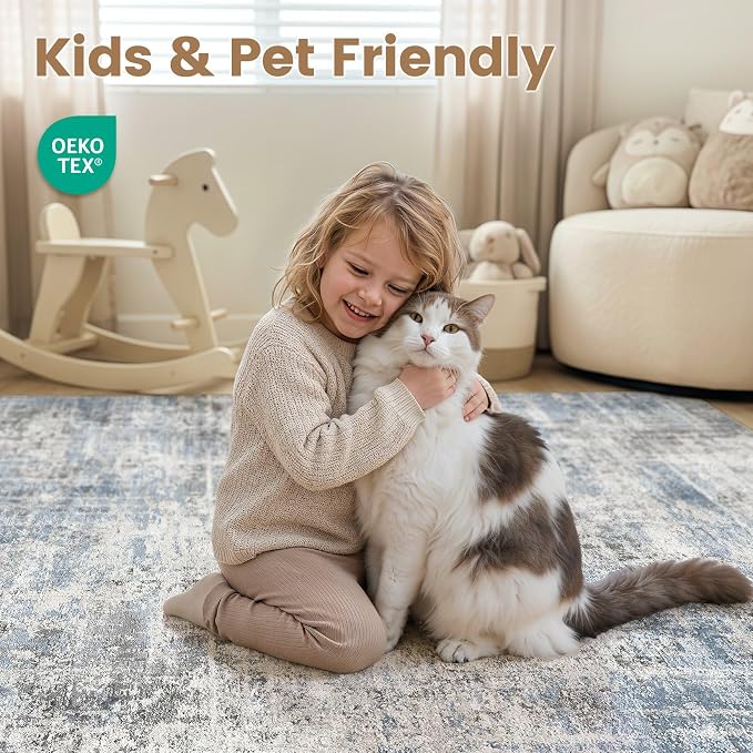 Washable 8x10 Area Rug for Living Room - Modern Abstract Carpet with Non-Slip Backing, Low Pile & Soft, Stain Resistant, Kid & Pet Friendly Decor for Bedroom & Dining Room - Blue Grey