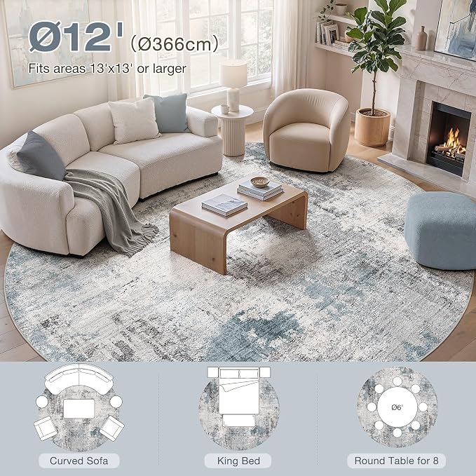 Abstract 12FT Round Rug: Machine Washable Non Slip Ultra Thin Low-Pile Carpet, Soft Stain Resistant for Living Dining Room Bedroom, Kid Pet Friendly, Robot Vacuum Compatible - Grey Blue