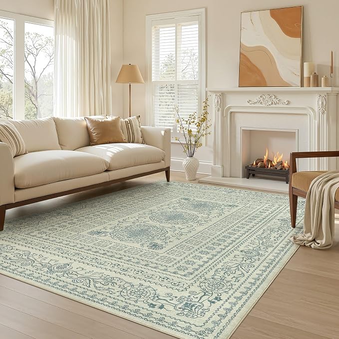 Nakagishi 6x9 Area Rugs Living Room: Washable Large Vintage Rug Neutral Non-Slip Soft Stain Resistant Indoor Carpet for Bedroom Nursery Dining Room Office Playroom - Forest Green