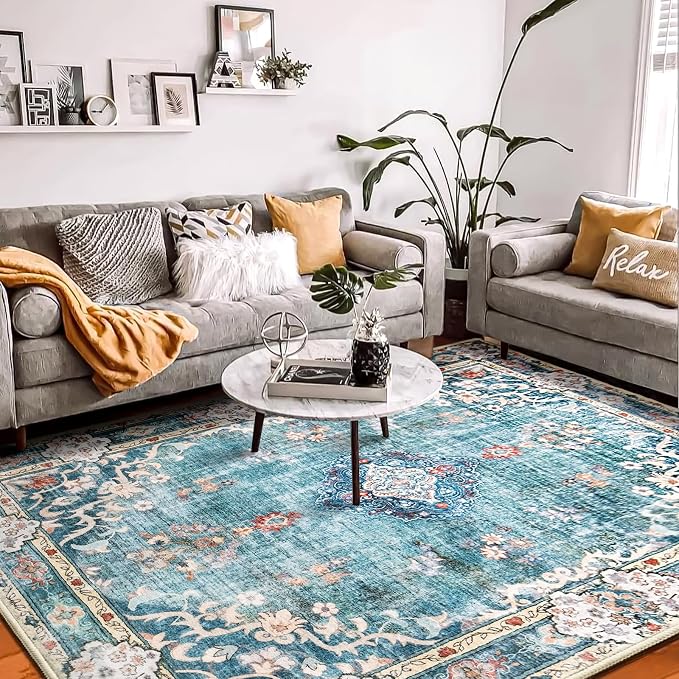 MUJOO Teal Rug 8x10 Washable Area Rugs Non Slip Low-Pile Floral Large | Machine Washable Throw Carpet for Living Room Bedroom Dining Room Boho Soft Floor Indoor Abstract Flowers Blue Colorful