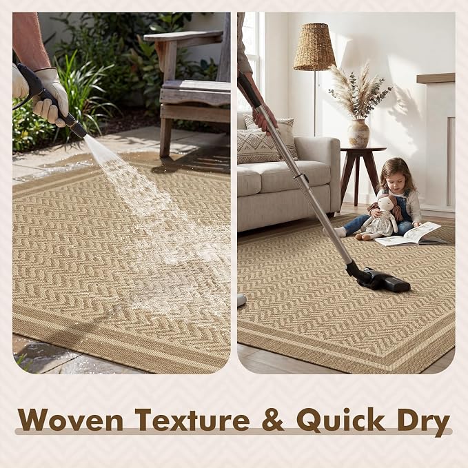 MontVoo-2x6 ft Indoor Outdoor Runner Rugs for Entryway Porch Hallway Kitchen Door Entrance Long, Textured Weave Polypropylene, Durable for High Traffic, Fade-Resistant, Boho Geometric Neutral Brown