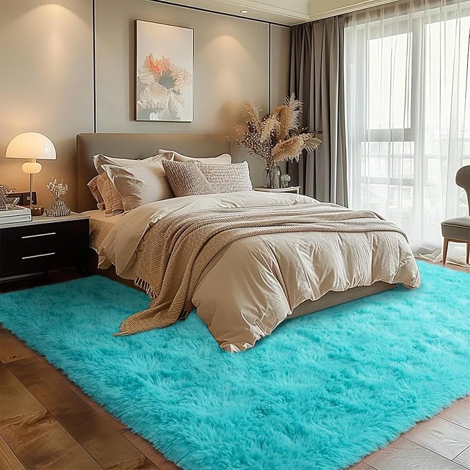 Dssimo Teal Blue Rug for Bedroom Living Room, 4x6 Soft Shag Teal Area Rugs | Plush Fluffy Upgrade Non-Slip Turquoise Rug for Nursery Kids Room Dorm Room Home Decor, Indoor Plush Floor Carpet