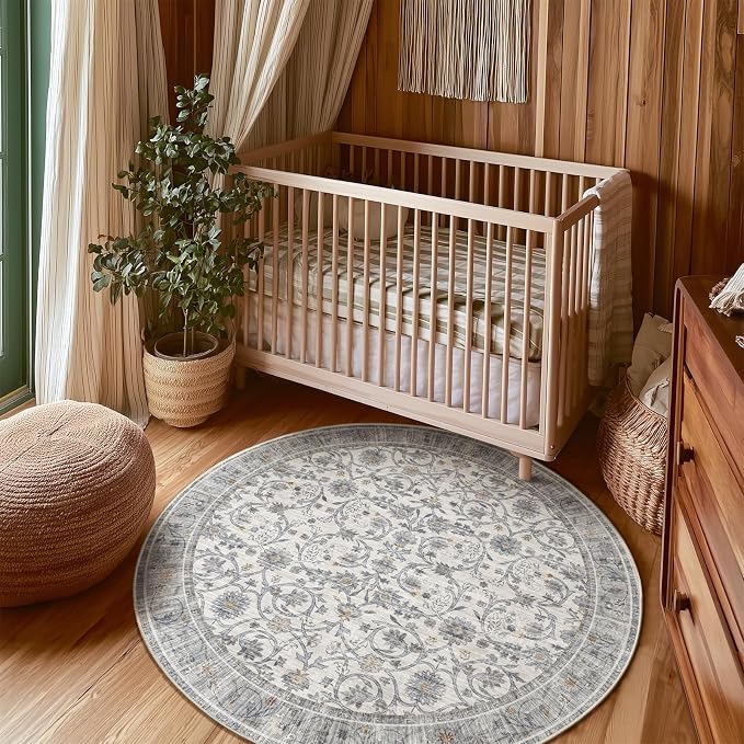 Machine Washable Rugs for Living Room: 4x4 Area Rugs for Bedroom Ultra Soft Non-Slip Low Pile Vintage Boho Large Carpet for High-Traffic Dining Room - Farmhouse Decor