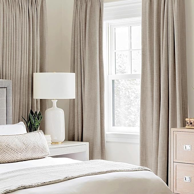 MIULEE 100% Blackout Linen Textured Curtains for Bedroom Solid Thermal Insulated Taupe Grommet Room Darkening Curtains & Drapes Luxury Decor for Living Room 52 x 96 Inch (2 Panels)