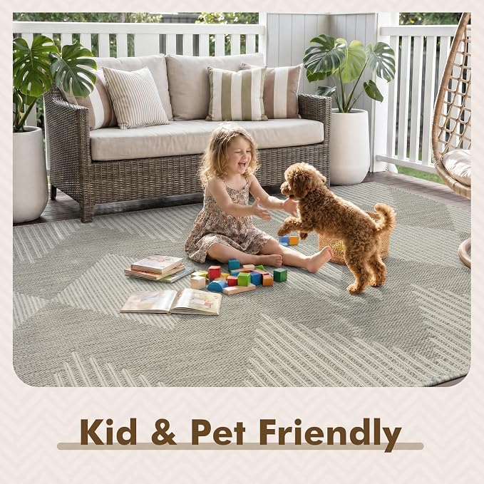 MontVoo-Outdoor Rug Carpet Patio Rug 6x9 Polypropylene Indoor Outdoor Rugs for Patio Deck Balcony Porch, Textured Weave, Durable for High Traffic, Fade-Resistant, Boho Geometric Silver Grey