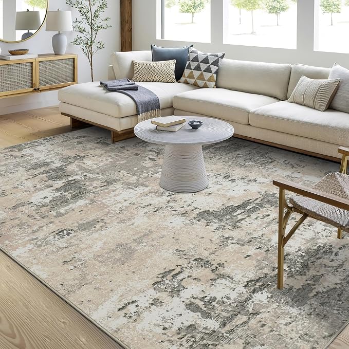 ROYHOME Modern Abstract Area Rug 9x12 Non Slip Non Shedding Rug Low Pile Stain Resistant for Bedroom Living Room,Grey Yellow