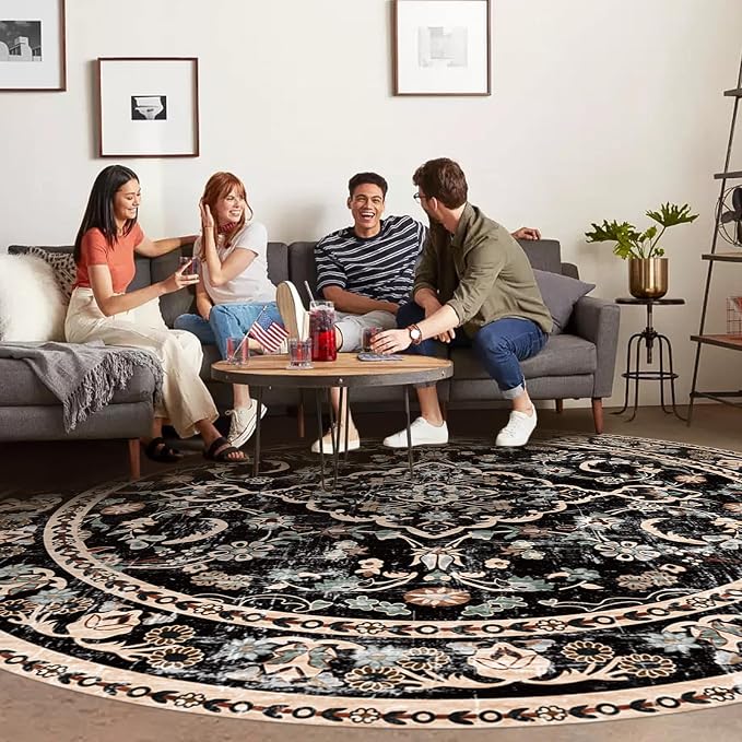 Vhong Boho Area Rugs Vintage Washable Modern Neutral Carpet Black 8×8 High Traffic Round Rugs for Dinning Room Living Room Bedroom Farmhouse Non Slip