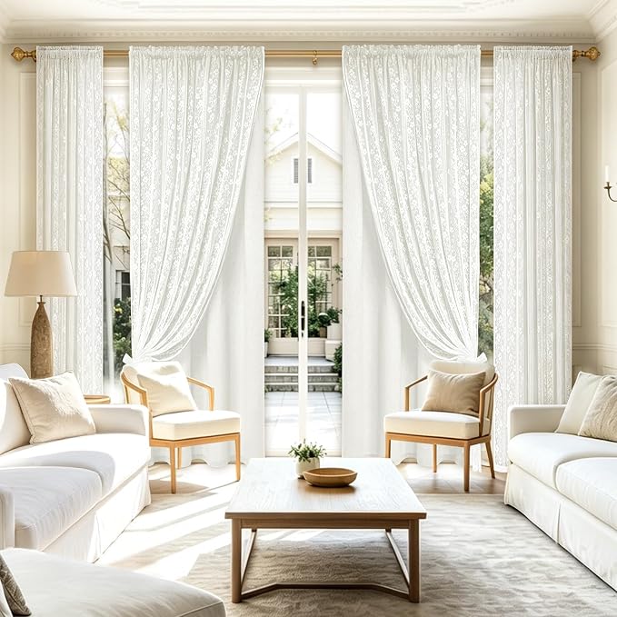 ASPMIZ Linen Curtains for Living Room Double Layer Curtains with Linen Lace, White Curtain for Bedroom Light Filtering, Rod Pocket Drapes 84 Inch Length 2 Panels Set with 2 Tiebacks, 52x84