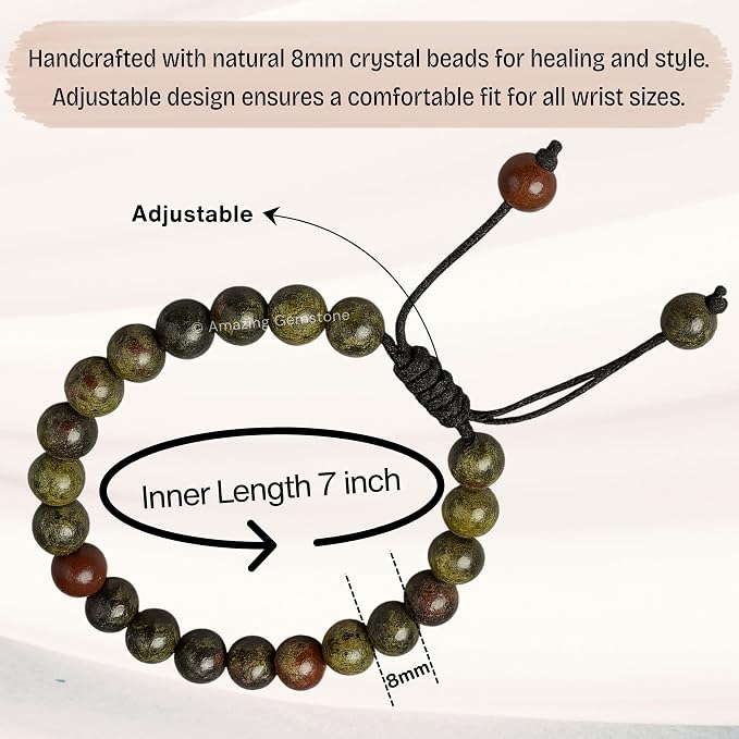 Amazing Gemstone Dragon Bloodstone Bracelet, Gifts for Men & Women - Protection Healing Crystal Bracelet - 8mm Gemstone Beaded Adjustable Bracelet, Pulseras para Hombres Mujer Stocking Stuffers